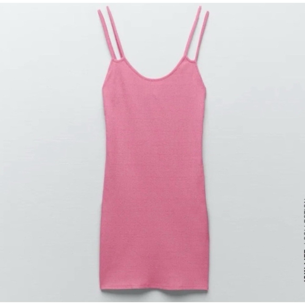 ZARA Barbiecore Pink Bodycon Mini Dress Double Strap Scoop Neck Spring‎ Summer L